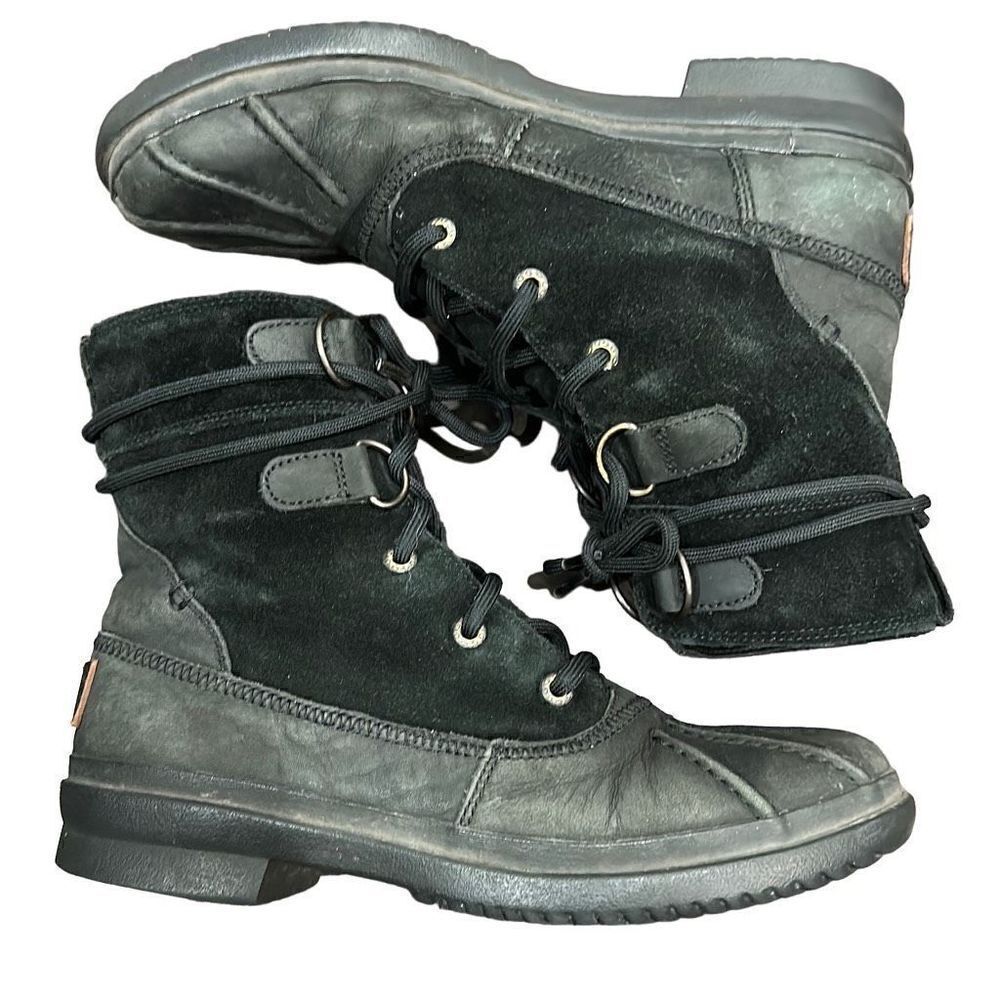 UGG AUSTRALIA Azaria Black Waterproof Suede Leather Rubber Sheepskin Winter Ankl